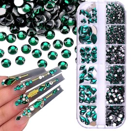 Green Nail Art Rhinestone, Flat Back Rhinestones Multi Shape Sizes Nail Design, 3D Crystal Nail Diamond Gem, Nail Jewels Craft Glass Drill Stones Kit for Women Girls Manicure Decorations