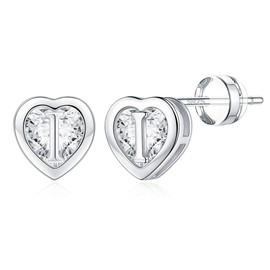 IEFWELL - arete de tuerca de corazón para niñas y mujeres, de plata de ley S925, hipoalergénicos, aretes de corazón con circonita cúbica, aretes con inicial, para adolescentes, niñas, regalos de graduación, Latón Oro blanco, Circonia cúbica