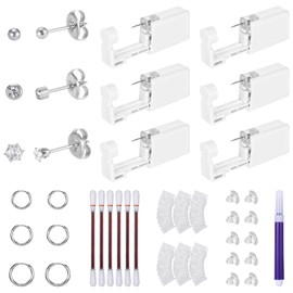 6PCS Ear Piercing Kit, Easy and Safe Self Ear Piercing Gun Kit with Silver Studs Earrings and Lodine Cotton Swabs, Disposable Self Piercer Tool with 6 Pairs Starter Earrings for Home Use