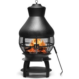 S AFSTAR Outdoor Cast Iron Chimenea, Fireplace Wooden Chiminea Fire Pit w/Fire Poker, 360°Fire Retardant Mesh Cover, Patio Wood Burning Chiminea