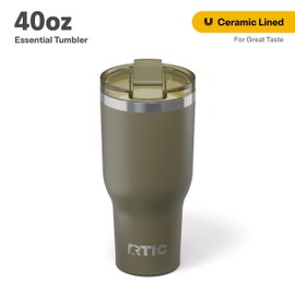 RTIC 40oz Essential Tumbler with Lid, Insulated, Stainless Steel, Metal, Double Wall Vacuum-Insulation, Ceramic Lined, Travel Cup for Iced Coffee, Tea, Hot and Cold Drink, Olive