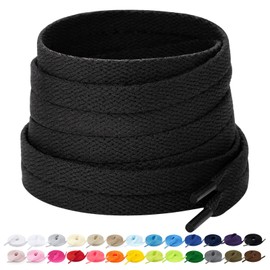 Stepace 2 Pairs Flat Shoelaces, 8mm Wide Premium Replacement Shoe Laces for Trainers, Sports, Casual Shoes, Black (black)