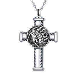 PROESS American Football Cross Urn Necklace for Ashes Sterling Silver Cremation Football Cross Sports Pendant Jewelry for Women Men Sport Lover