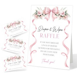 51 Pcs Diaper & Wipe Raffle Baby Shower Game, Coquette Pink Bow Sign with 50 Raffle Tickets, Flower Ribbon Bow Baby Shower Diaper Wipe Game, Fun Gender Reveal Newborn Announcement Party Supply, 13