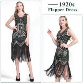 FEPITO 1920s V-neck sequins beads fringe dress with 20s accessory set, Green (style 3), xl