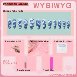 QQPPOLIU Blue Press on Nails Medium Almond Fake Nails Press Ons with Blue Flower and Chinese Dragon Designs Foreign Flavors Acrylic Nails False Nails for Girl Gift