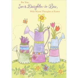 Designer Greetings Three Tall Purple, Pink, Blue and Green Watering Cans Easter Card for Son and Daughter-in-Law
