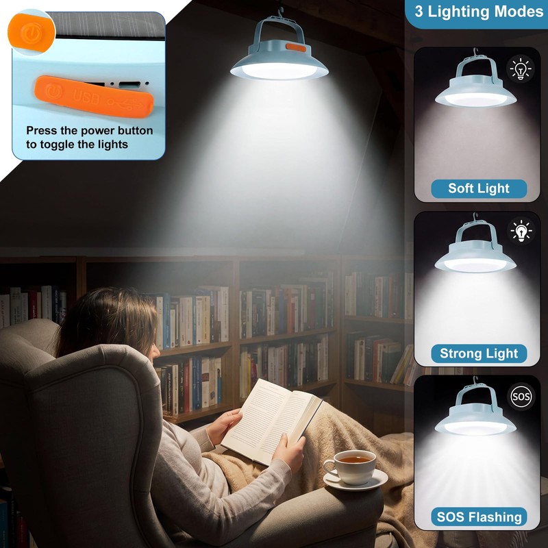 Grinsvalley 2Pcs Solar Tent Light 4500mAh Rechargeable 1700LM USB Camping