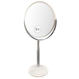 ミラー 卓上 拡大鏡 化粧 メイク 鏡 5倍 老眼 化粧鏡 卓上 手鏡 メイクミラー スタンド スタンド 高さ調整 化粧ミラー 女優鏡 ハリウッド 細部 丸型 ハンド 人気 おしゃれ（5倍拡大鏡・5X） (オフホワイト)【老眼の方向けの鏡】