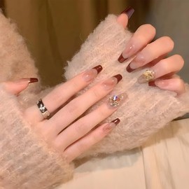 AEGYPIUS Red Press on Nails, 24 Pcs Long Press on Nails Red Rhinestone Press on Nails Long, Red Nails Press on Nails Rhinestone Nails Press on Long Nails Press on Red Nails Fake Nails Red for Women