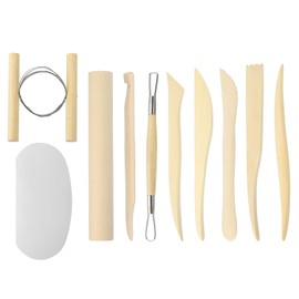 HARFINGTON 10pcs Clay Sculpting Tools Wooden Handle Stainless Steel Head Crafts Modeling Kit Pottery Carving Trimming for Shaping Cutting Decoration Roll