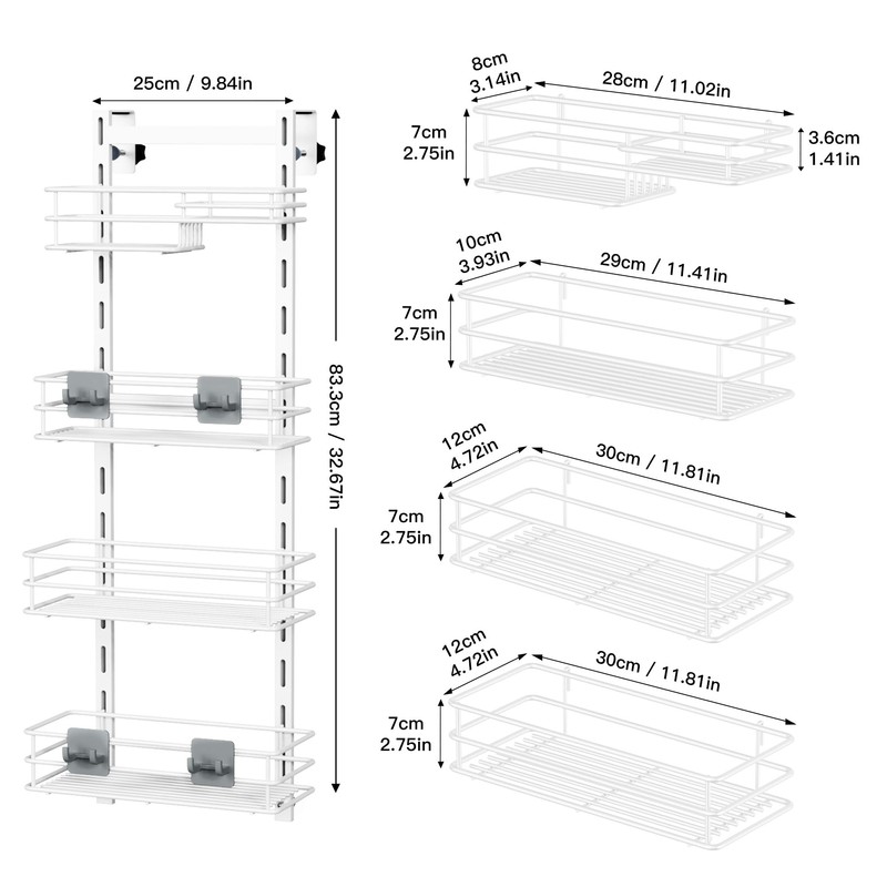 Orimade Over The Door Shower Caddy Adjustable 4 Tier White,Bathroom