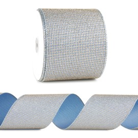 DINDOSAL Dusty Blue and Gold Ribbon Wired 4" x 10 Yards Dusty Blue with Champagne Gold Glitter Mesh Wired Ribbon for Christmas Tree Decoration, Wreaths and Garlands, Gift Wrapping, Home Decor,Crafts
