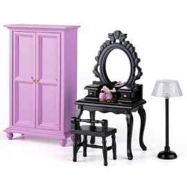 1:12 Miniature Dollhouse Bedroom Set,5 Pcs Black Style Dollhouse Bedroom Furniture Accessories, Black Dresser Table with Stool,Purple Wardrobe,Perfumes on Tray and Floor Lamp,for Dollhouse Scene