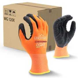 LINCONSON 12 Pack Safety Performance Series Construction Mechanics Wrinkle Latex Work Gloves (Orange, Medium (12 Pairs))
