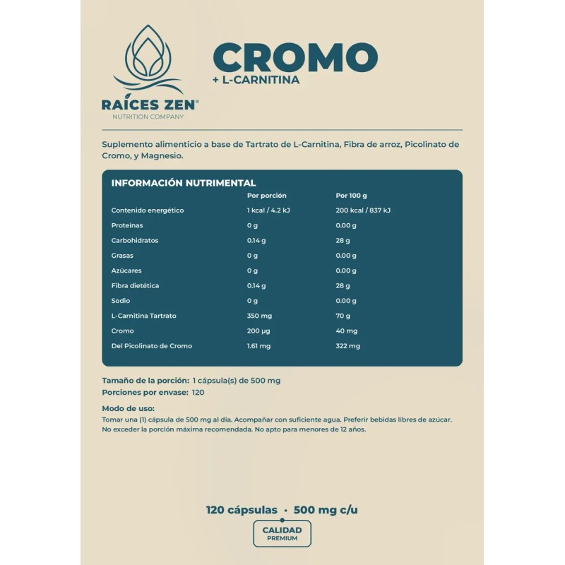Picolinato Cromo Carnitina Raíces Zen 120 Cáps Chromium Sabor