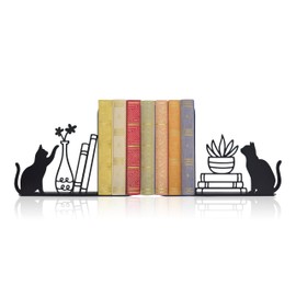 Whimsical Cat & Botanical Bookends – Unique Metal Bookends with Cats, Plants & Stacked Books Design | Cute Decorative Book Supports for Cat Lovers
