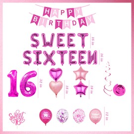 16. Sweet Knallrosa Deko Set - 41 Pcs Geburtstag MäDchen Party Deko Set mit Ballons Banner Hängender Spin Konfetti Tortendeko Geburtstag Leuchtendes Rosa Für Frauen & MäDchen