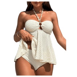 Milumia Women's Tankini Sets Two Piece Halter Cut Out Bathing Suits Tummy Control Swimsuit Flowy Swimwear Beige Small