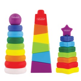 Infantino Tower Stackers Playset, Multicolor Rainbow-Themed Stacking Towers for Babies 12M+, 3-Style Set, Rings, Squares & Stars, 23 Pieces
