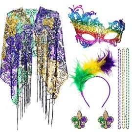 7 Pcs Mardi Gras Outfit Jewelry for Women Mask Feather Headband Bead Necklaces Shawl Earring Party Costume Apparel (Retro)