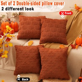 multiwins Fall Decorations Set of 2 Double-Sided Fall Pillow Covers 18" x 18", with 2 Different Looks, Rust Pumpkin & Leaf, Soft Plush Faux Fur Throw Pillow Covers for Home Decor