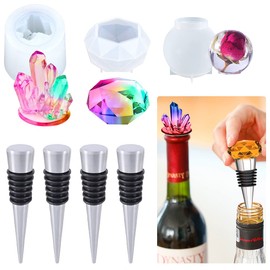 Voyyphixa 3 Pcs Resin Wine Stopper Molds with 4 Stopper, Wine Bottle Stopper Silicone Molds for Epoxy Casting, Geometric Sphere Crystal Cluster Diamond Molds
