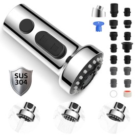 Hibbent Stainless Steels Pull Down Kitchen Faucet Head Replacement, 3 Function Sink Faucet Sprayer Head with 15 Adapters, Compatible with Moen, American Standard, Delta, Kohler Faucets, Chrome