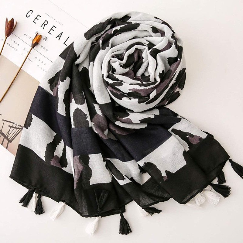 WHITE FANG MA039 Women's Stole Scarf, Cotton, Linen, Leopard Pattern,