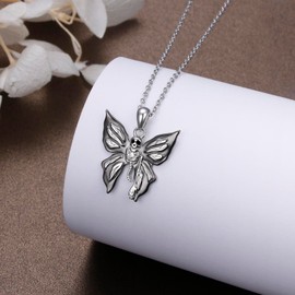 FLYOW Skull Butterfly Necklace S925 Sterling Silver Halloween‘s Day Skeleton Pendant Necklace for Women Gothic Jewelry