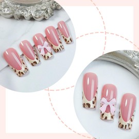 French False Nails - 24Pcs Square Leopard Print French Fake Nails with Pink Bowknot - Stick on Nail Tips with Nail Glue - Full Cover Acrylic False Nails & Accessories Nails Art for Women