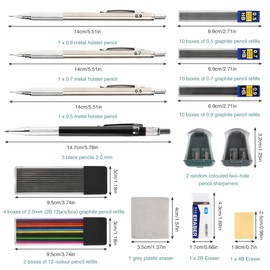 YOPEUC 47PCS Art Mechanical Pencil Set, Metal Artist Lead Pencils 0.5, 0.7, 0.9 mm, Clutch Propelling Drafting Pencil Set with 36 Tube Lead Refills Case, 3 Erasers, Metal Drafting Pencils for Sketch