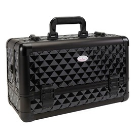 Professional Makeup Artist Beauty Aluminum Makeup Train Case w/Brush Holder and Optional Removable Shoulder Strap (Black Diamond)