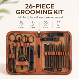 26-Piece Stainless Steel Manicure & Pedicure Kit for Personal Grooming – Complete Nail, Facial & Ear Care Set with Brown Case