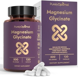 Purely Optimal Glicinato de magnesio 500 mg: ayuda a dormir y alivia el estrés. Suplemento de magnesio suave y de alta absorción para la relajación mu