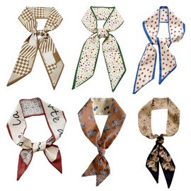 YALiya Pack of 6 Silk Scarves, 92 x 6 cm, Coloured Scarves for Women, Silk Scarves, Thin Long Neck, Fashion Handbag Scarf, Imitation Silk in Various Designs, Versatile