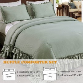 Masaca Green Ruffle Comforter Set Queen,Vintage Farmhouse Shabby Ruffled Chic Bedding Comforter,Rustic Aesthetic Bedding 3 Pieces Women Girls Bedroom Vintage Bed Comforter