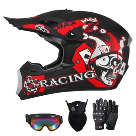 SPARK DOT Youth Motocross Helmet Kids Dirt Bike Helmets - Full Face, Lightweight & Breathable for Off-Road E-Bike BMX MX ATV (with Gloves Goggles Mask) 4Pcs Set, Medium (57-58cm),Joker Black
