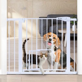COMOMY Auto Close Baby Gate with Cat Door, 29.5"-40.5" Extra Wide Dog Gate for House Doorways Stairs, Pressure Mounted Easy Walk Thru Pet Gate, Includes 4 Wall Cups and 2 Extension Pieces, White