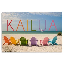 Lantern Press 12x18 Inch Premium Wood Sign, Ready to Hang Wall Decor, Kailua, Hawaii, Colorful Beach Chairs