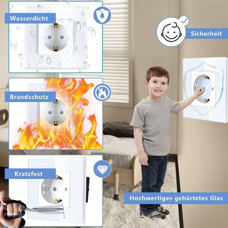 TAWOIA Schuko Socket Flush-Mounted, EU Standard 1-Way Socket Glass, Single