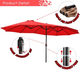 Festival Depot 14.7 ft Patio Umbrella Outdoor Large Twin Umbrella Double-Sided Ventilation Sun Canopy Market Umbrella with Aluminum Pole Handle Crank Without Base for Garden, Poolside, Deck (Red)