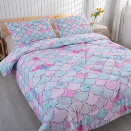MUSOLEI Mermaid Girls Comforter Set 3D Rainbow Scales Twin Bedding Set Durable Quilt Set for Girls Kids Comforter with 2 Pillowcases Microfiber