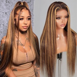 CLong Highlight Ombre Lace Front Wig Human Hair, 13x4 Straight 4/27 Honey Blonde HD Lace Front Wig Pre Plucked 200% Density Colored Lace Front Wigs for Black Women 26Inch