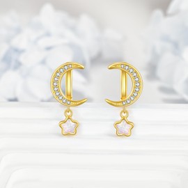 TIGER RIDER Moon Star Hoop Earrings 925 Sterling Silver Gold Plated Opal Square Hoop Earrings Jewelry Gifts for Women Birthday Christmas