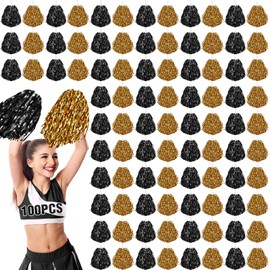 100 Pcs Cheerleading Pom Poms Metallic Foil Cheer Pompoms with Plastic Handle Cheerleader Pompoms Spirit Fun Pom Poms for Cheer Squad Dancing Party Performance Game Ball Sports Team (Gold, Black)