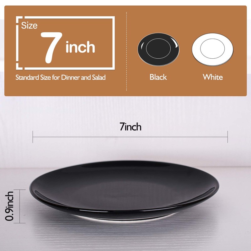 DELLING Porcelain Appetizer Plates, 7 Inch Black Dessert/Salad Plates -