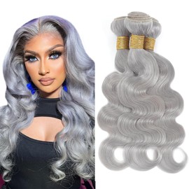 30 32 34 Inch Grey Human Hair Bundles Grey Body Wave Bundle Silver Hair Weave Mixed Length 3 Bundles Double Weft Hair Extensions