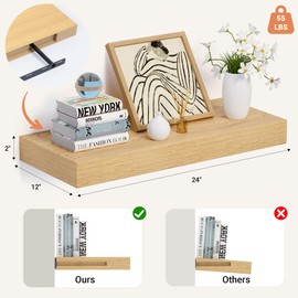 Heimlove 24 x 12 Inch Deep Floating Shelves Wall Mounted with Invisible Brackets,Storage Hanging Shelf for Wall Decor in Bathroom, Bedroom, Toilet, Kitchen, Living Room, Office Set of 1 (Oak)