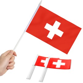 Anley Switzerland Mini Flag Pack of 12 - Hand Held Small Miniature Swiss Flags on Stick - Fade Resistant and Vibrant Colors - 5" x 8" with Solid Pole and Spear Tip